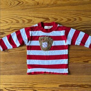 Baby Luigi Red and White Striped Shirt w Baseball Glove appliqué (12 months) EUC